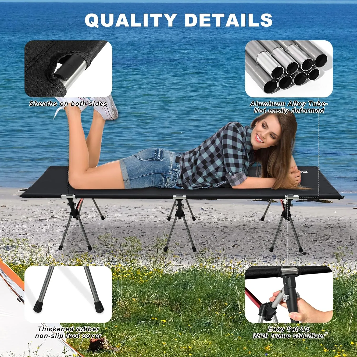 2-in-1 Ultralight Folding Camping Cot with Leg Extenders, Military Camping Cots Bed, Heavy Duty Folding Sleeping Camping Cot for Backpacking Hiking Travel Tent, Support 330 Lbs(Black)