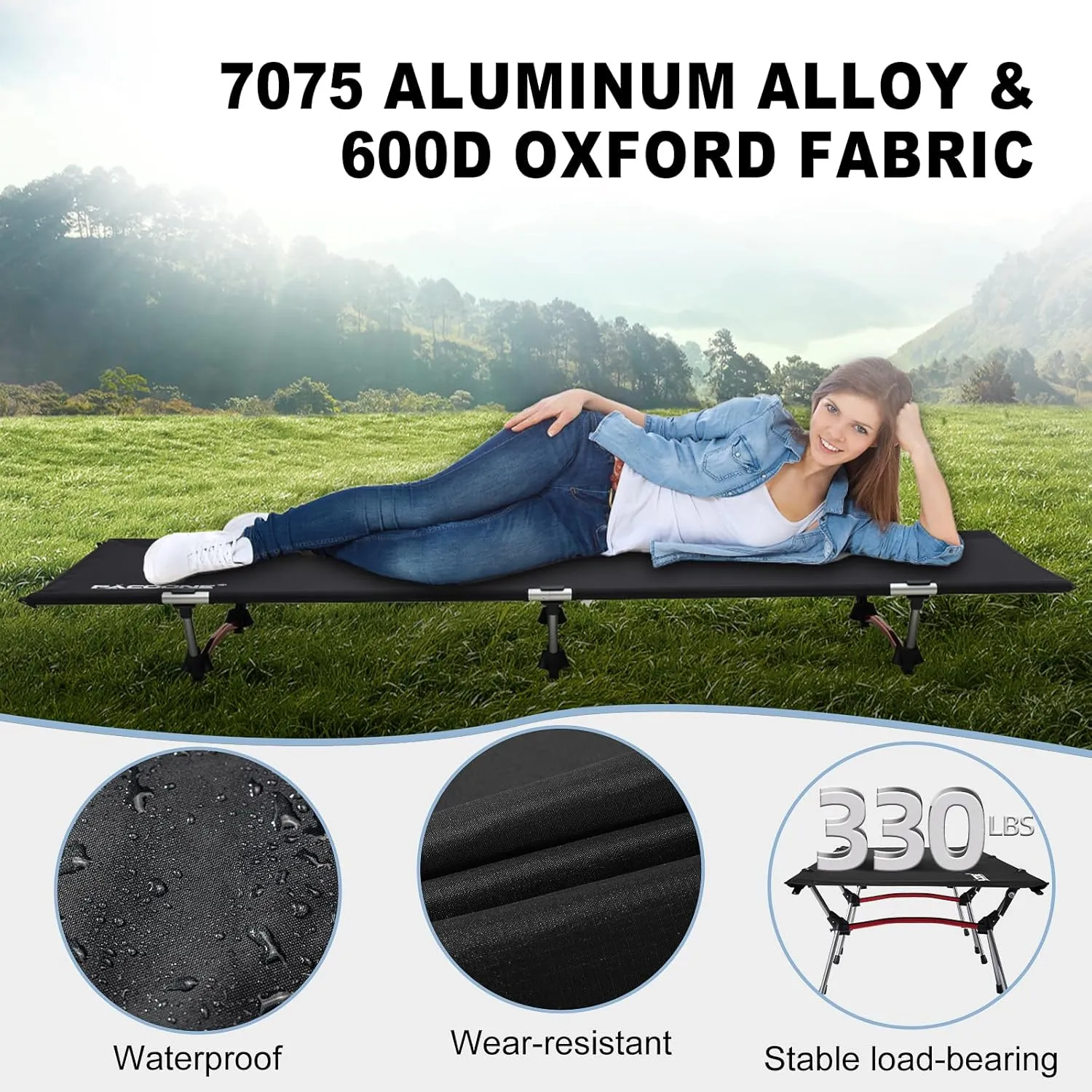 2-in-1 Ultralight Folding Camping Cot with Leg Extenders, Military Camping Cots Bed, Heavy Duty Folding Sleeping Camping Cot for Backpacking Hiking Travel Tent, Support 330 Lbs(Black)