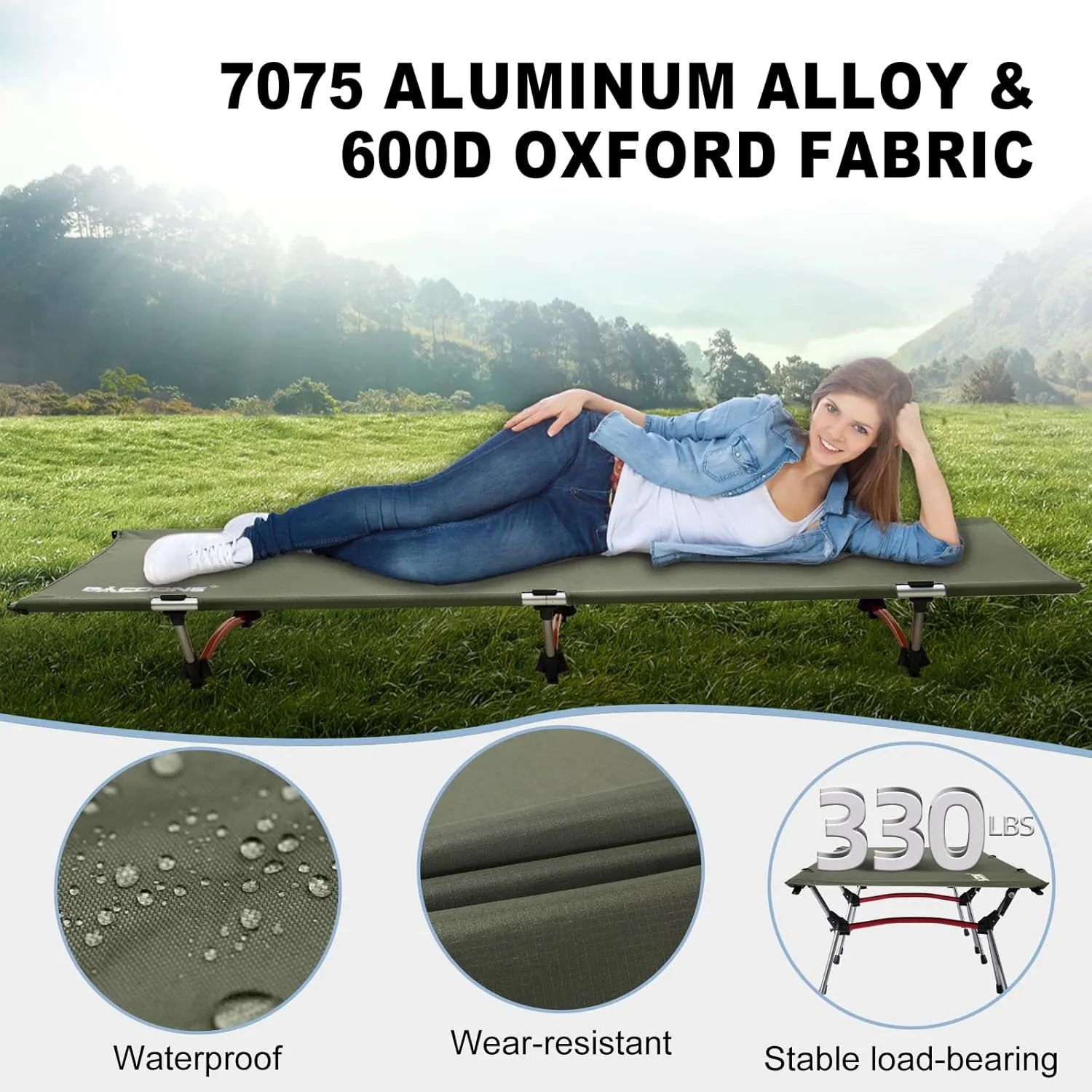 2-in-1 Ultralight Folding Camping Cot with Leg Extenders, Military Camping Cots Bed, Heavy Duty Folding Sleeping Camping Cot for Backpacking Hiking Travel Tent, Support 330 Lbs(Green)