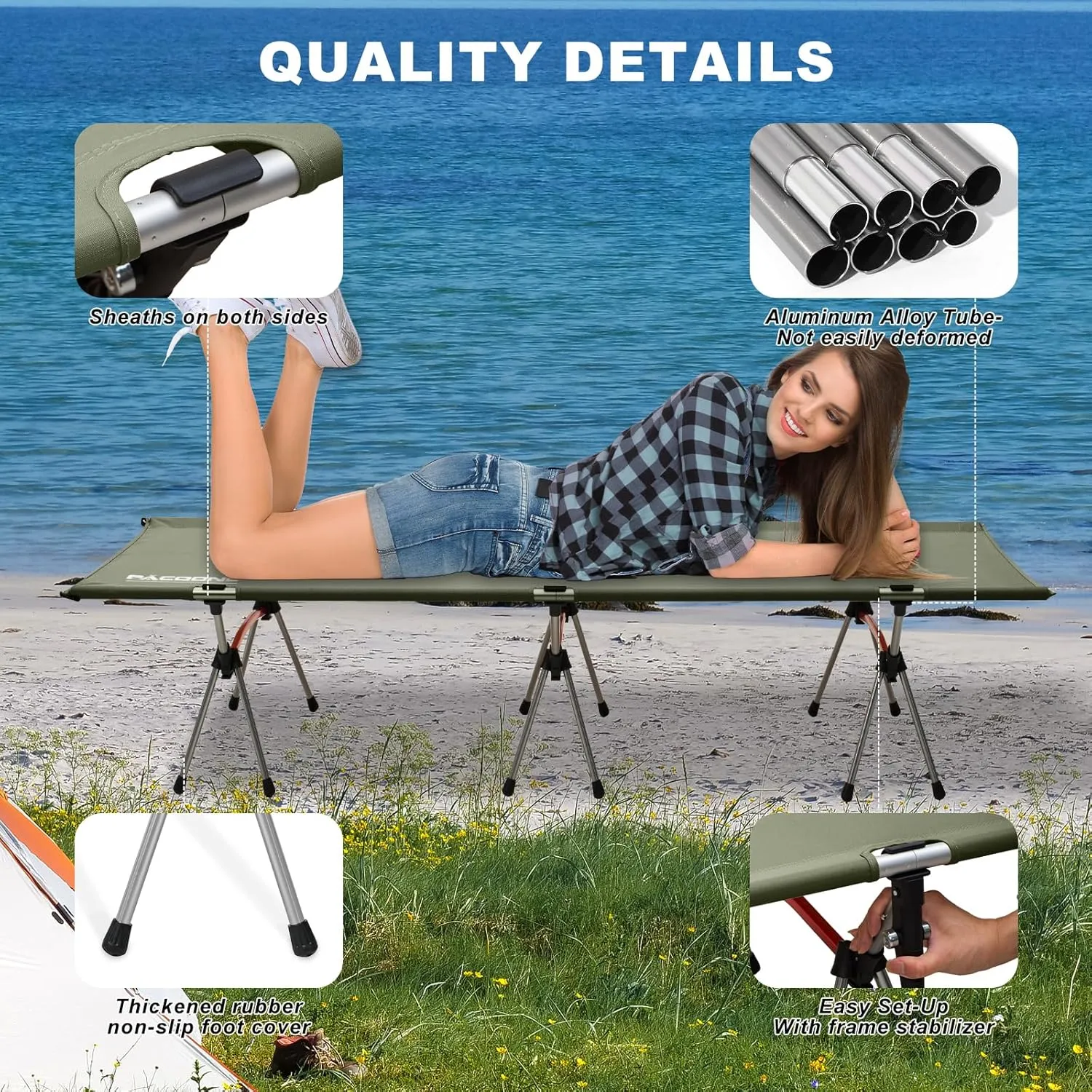 2-in-1 Ultralight Folding Camping Cot with Leg Extenders, Military Camping Cots Bed, Heavy Duty Folding Sleeping Camping Cot for Backpacking Hiking Travel Tent, Support 330 Lbs(Green)