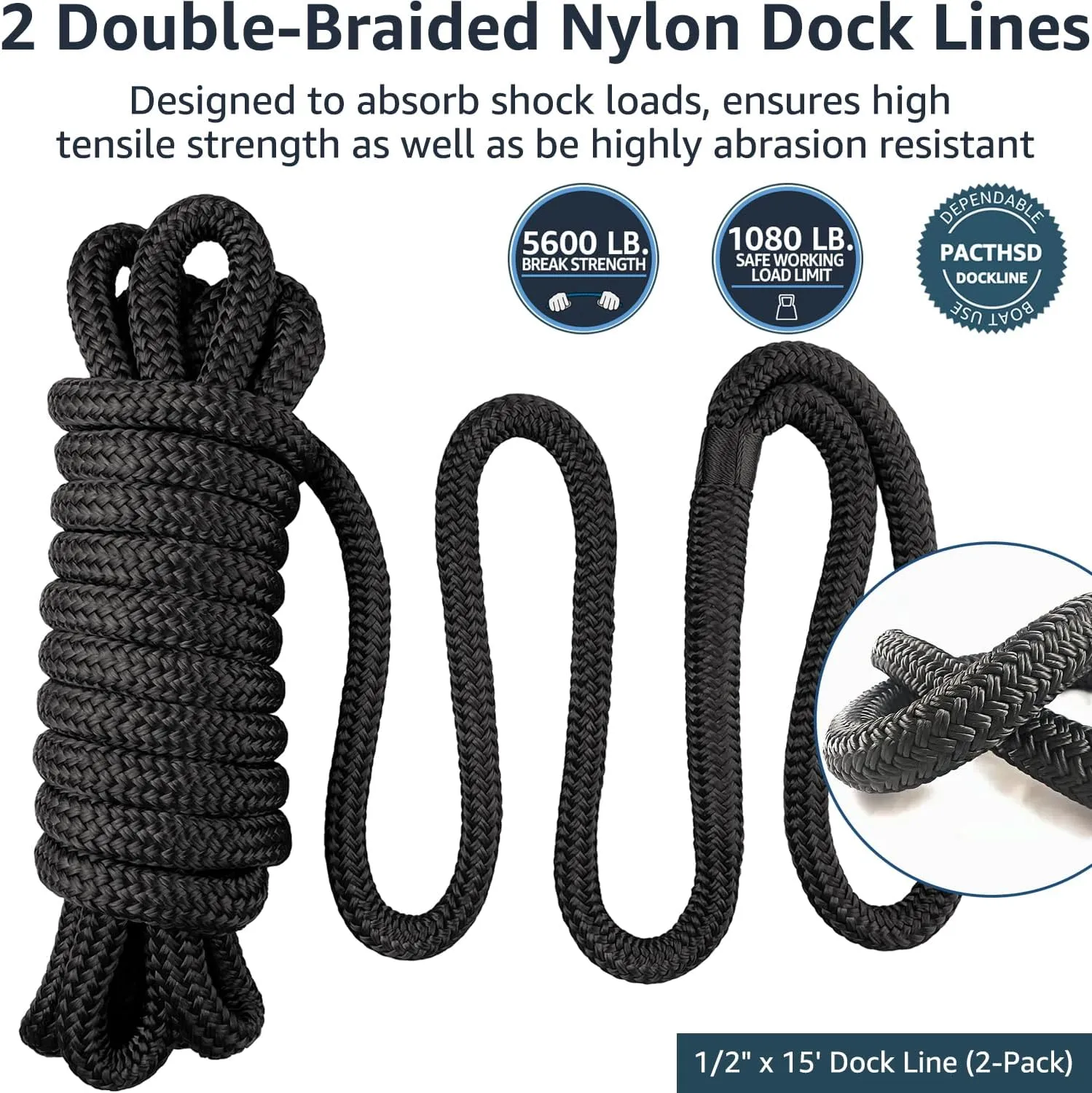 2 Pack 1/2" x 15' Dock Lines - Marine Grade Nylon Boat Rope with 12" Loop for Docking and Mooring - Double Braided Boat Lines, High Strength, Easy Handling, Fray Resistant - Black