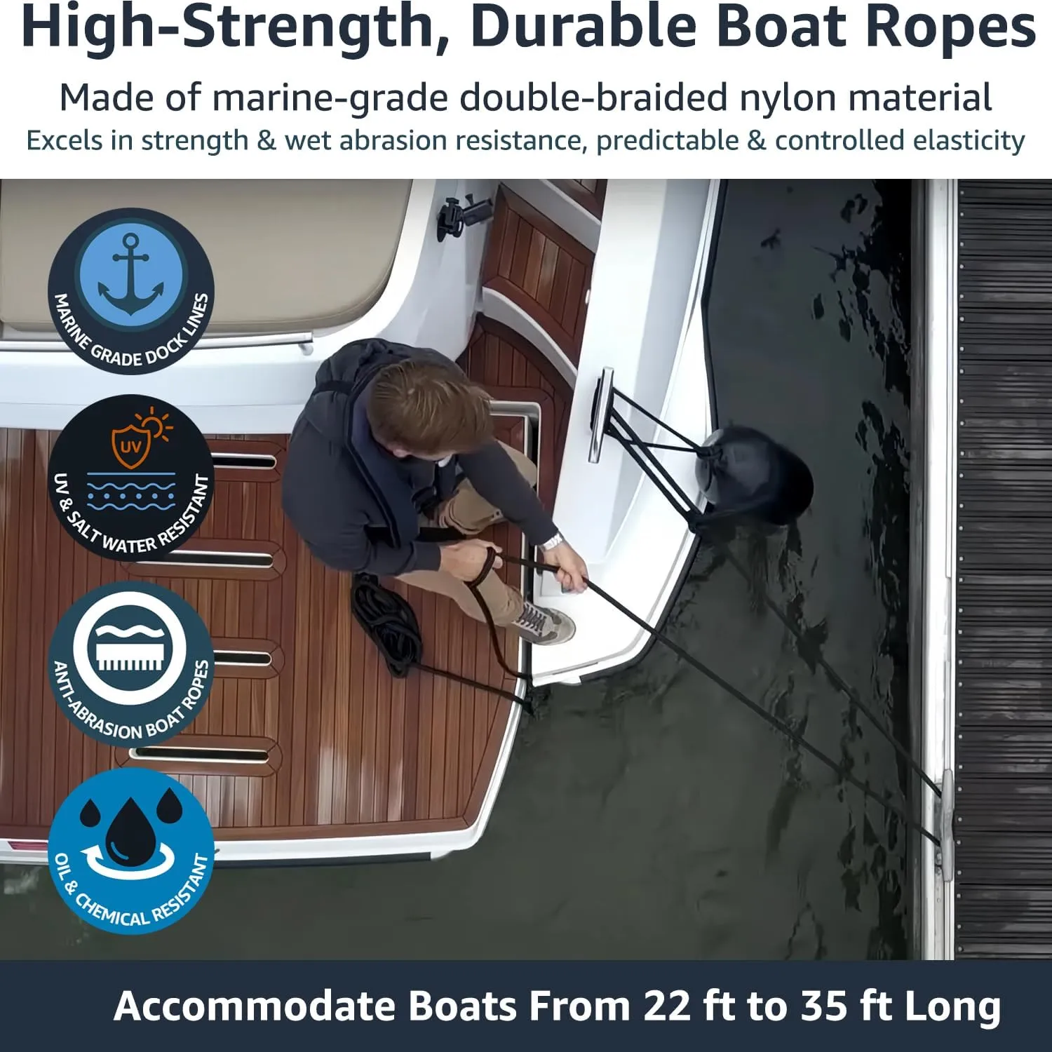 2 Pack 1/2" x 15' Dock Lines - Marine Grade Nylon Boat Rope with 12" Loop for Docking and Mooring - Double Braided Boat Lines, High Strength, Easy Handling, Fray Resistant - Black