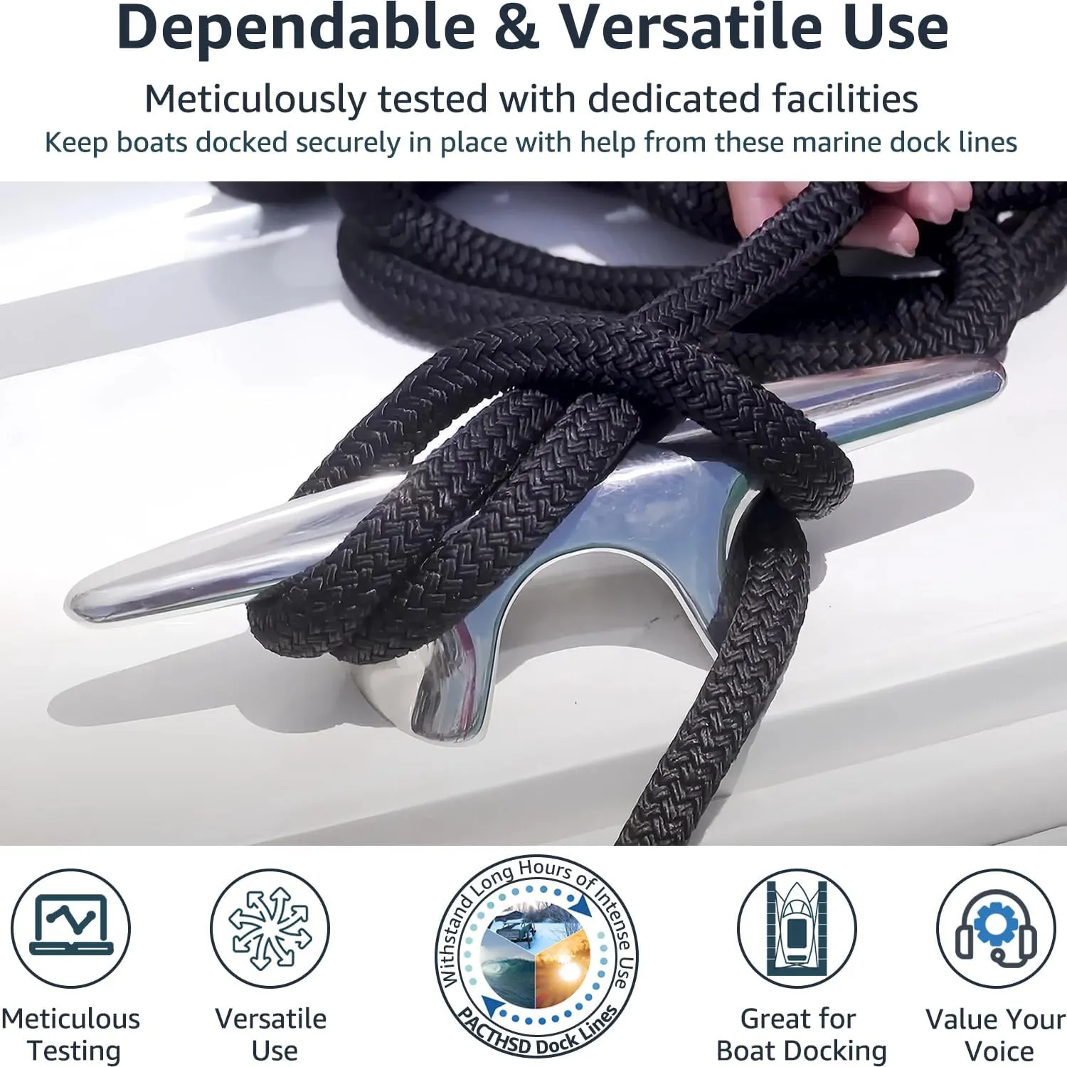 2 Pack 1/2" x 15' Dock Lines - Marine Grade Nylon Boat Rope with 12" Loop for Docking and Mooring - Double Braided Boat Lines, High Strength, Easy Handling, Fray Resistant - Black