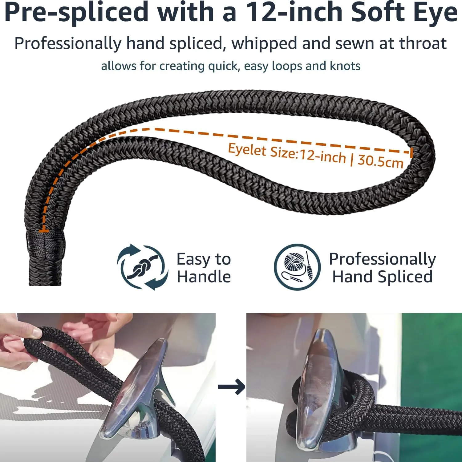 2 Pack 1/2" x 15' Dock Lines - Marine Grade Nylon Boat Rope with 12" Loop for Docking and Mooring - Double Braided Boat Lines, High Strength, Easy Handling, Fray Resistant - Black
