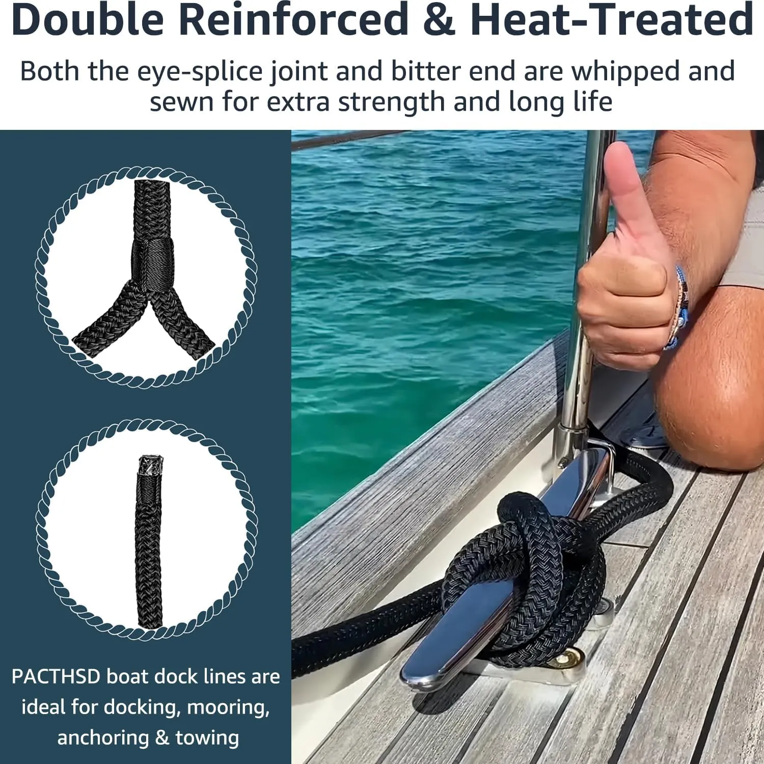 2 Pack 1/2" x 15' Dock Lines - Marine Grade Nylon Boat Rope with 12" Loop for Docking and Mooring - Double Braided Boat Lines, High Strength, Easy Handling, Fray Resistant - Black