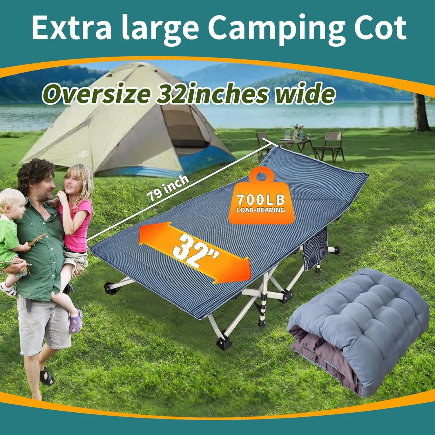 2 Pack 32" Wide Oversize XXL Camping Cot with Mattress Comfortable Cots for Adults Extra Wide Cots for Sleeping Folding Cot Heavy Duty with Carry Bag for Home Office Outdoor Indoor