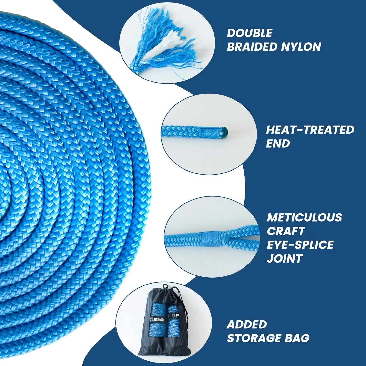 2 Pack Blue Boat Dock Lines Ropes, Marine-Grade Premium Double Braided Nylon Boat Lines, Boat Ropes with 12" Eyelet for Boat & Pontoon 1/2"/5/8" 25ft/35ft