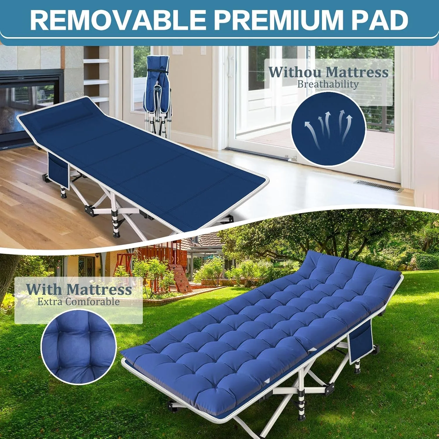 2 Pack Camping Cot with Mattress Comfortable Cot Bed Folding Cot Heavy Duty Cots for Sleeping with Carry Bag for Adults Kids Guest Bed Outdoor Indoor Home