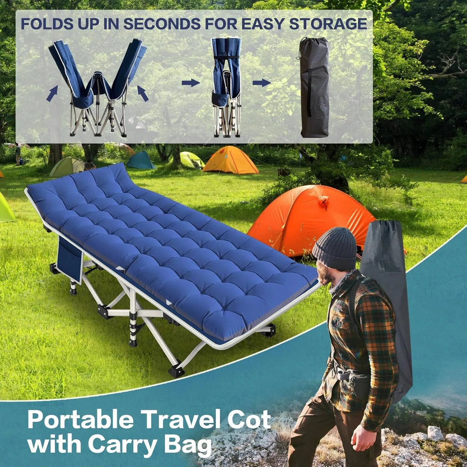 2 Pack Camping Cot with Mattress Comfortable Cot Bed Folding Cot Heavy Duty Cots for Sleeping with Carry Bag for Adults Kids Guest Bed Outdoor Indoor Home