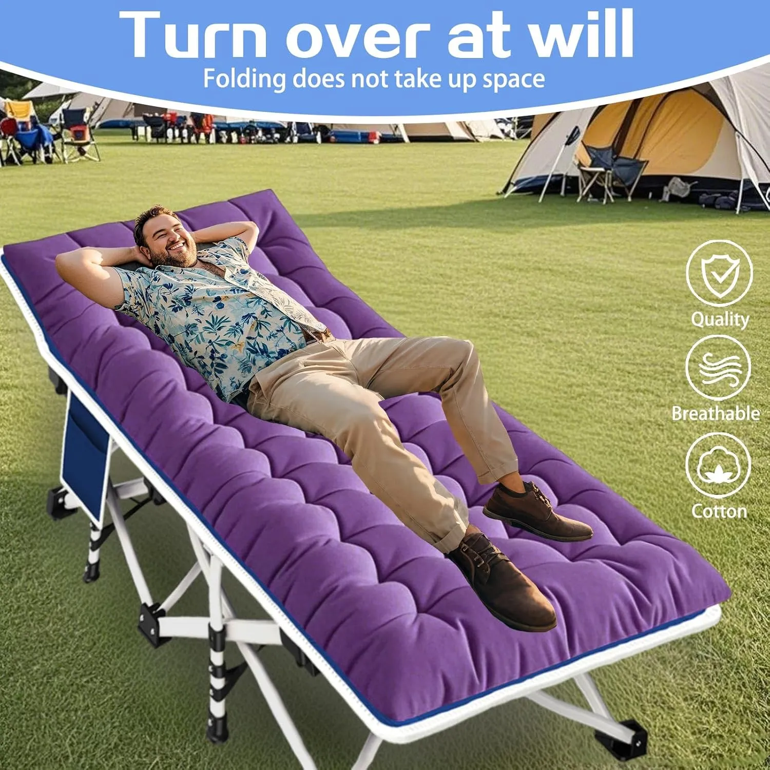 2 Pack Camping Cot with Mattress Comfortable Sleeping Cots with Carry Bag Camping Bed Heavy Duty Folding Cot for Adults Guest Bed Home Office Nap Outdoor Indoor