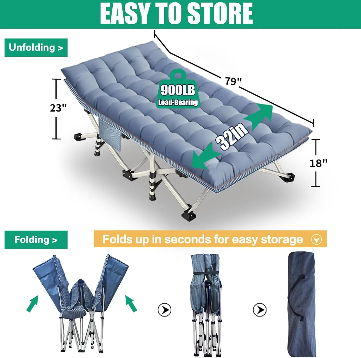 2 Pack Extra Large Cot 79" L x 32" W x 18" H Camping Cot with Comfortable Mattress for Adults Oversize XXL Cots for Camping Bed Folding Cot Heavy Duty with Carry Bag for Outdoor Indoor Home
