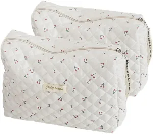 2 Pack Kawaii Cute Makeup Bag Aesthetic Travel Quilted Cotton Cosmetic Bag Organizer Toiletry Pouch for Women Teen Girls (White Cherry)
