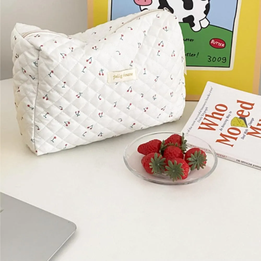 2 Pack Kawaii Cute Makeup Bag Aesthetic Travel Quilted Cotton Cosmetic Bag Organizer Toiletry Pouch for Women Teen Girls (White Cherry)