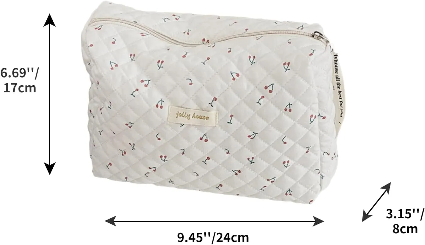 2 Pack Kawaii Cute Makeup Bag Aesthetic Travel Quilted Cotton Cosmetic Bag Organizer Toiletry Pouch for Women Teen Girls (White Cherry)