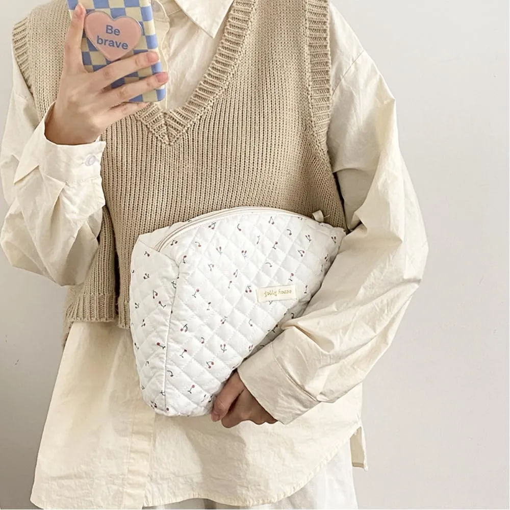2 Pack Kawaii Cute Makeup Bag Aesthetic Travel Quilted Cotton Cosmetic Bag Organizer Toiletry Pouch for Women Teen Girls (White Cherry)