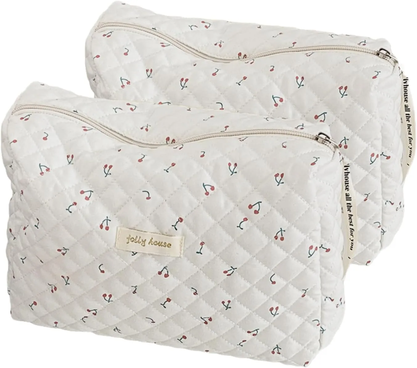 2 Pack Kawaii Cute Makeup Bag Aesthetic Travel Quilted Cotton Cosmetic Bag Organizer Toiletry Pouch for Women Teen Girls (White Cherry)