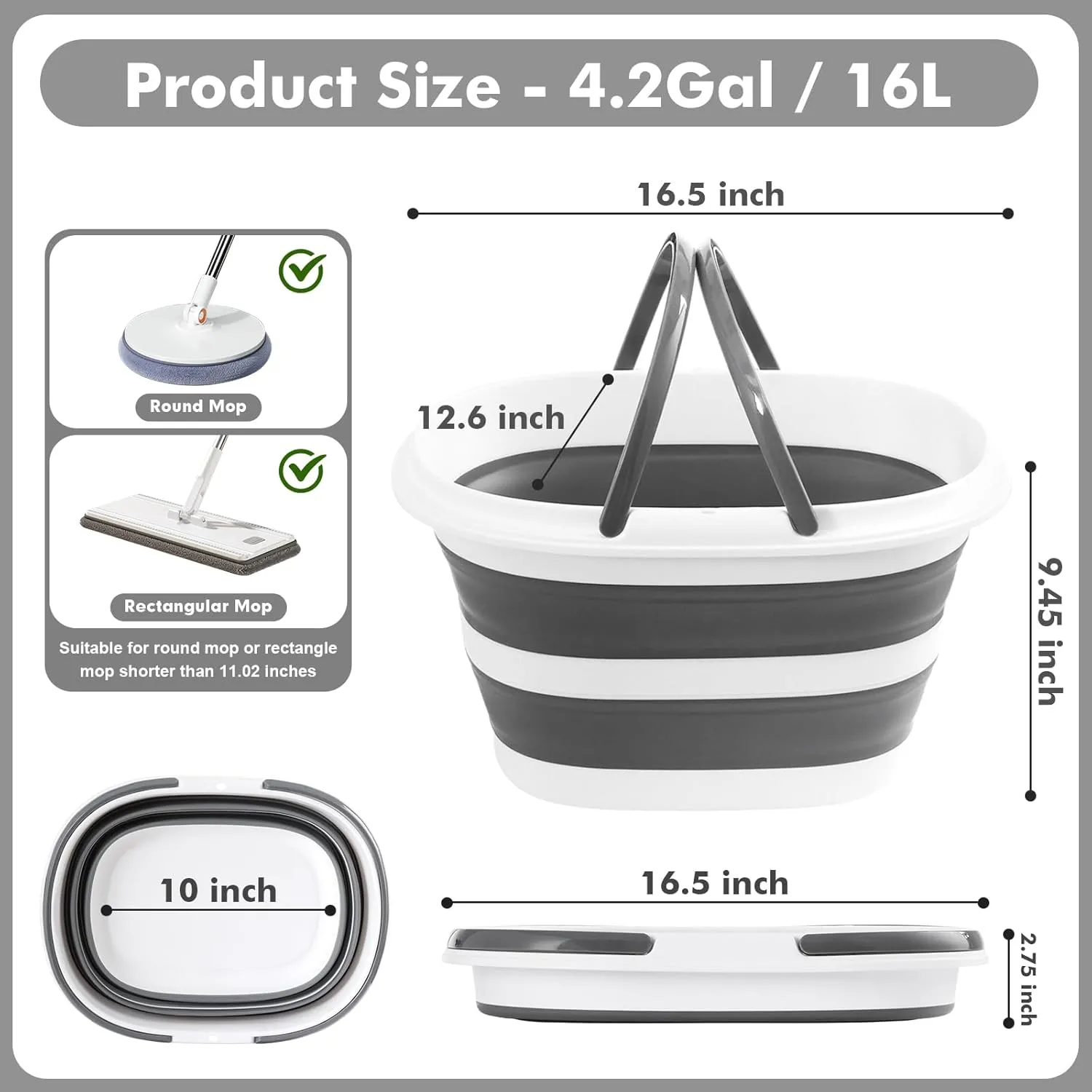 2 Packs Collapsible Mop Bucket with Handles 4.2 Gallon Foldable Tub for Cleaning Large Silicone Pop Up Buckets Portable Collapse Camping Car Wash Basket for Space-Saving Storage