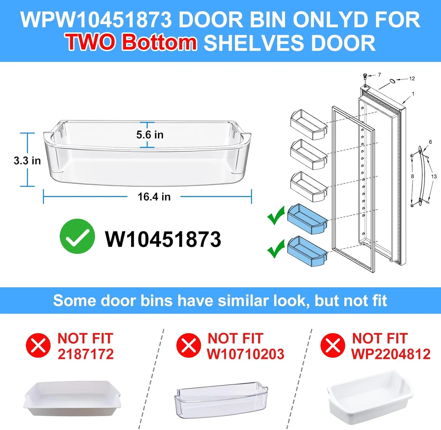 [2 PACK]UPGRADED WPW10451873 Refrigerator Door Bin Shelf, Compatible With Kenmore Whirlpool Refrigerator Door Shelf Replacement W10451873 WRS571CIHZ WRS571CIDM WRS576FID WRS586FLD Shallow Door Bin