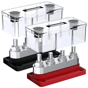 2 pcs 600A High Current Bus Bar with 4 Studs (3/8 inch) M10 Nickel Plated Copper Distribution Block Ideal for Electrical Battery Ground Buss Bar Connections with Cover 300 V AC/12-48 V DC