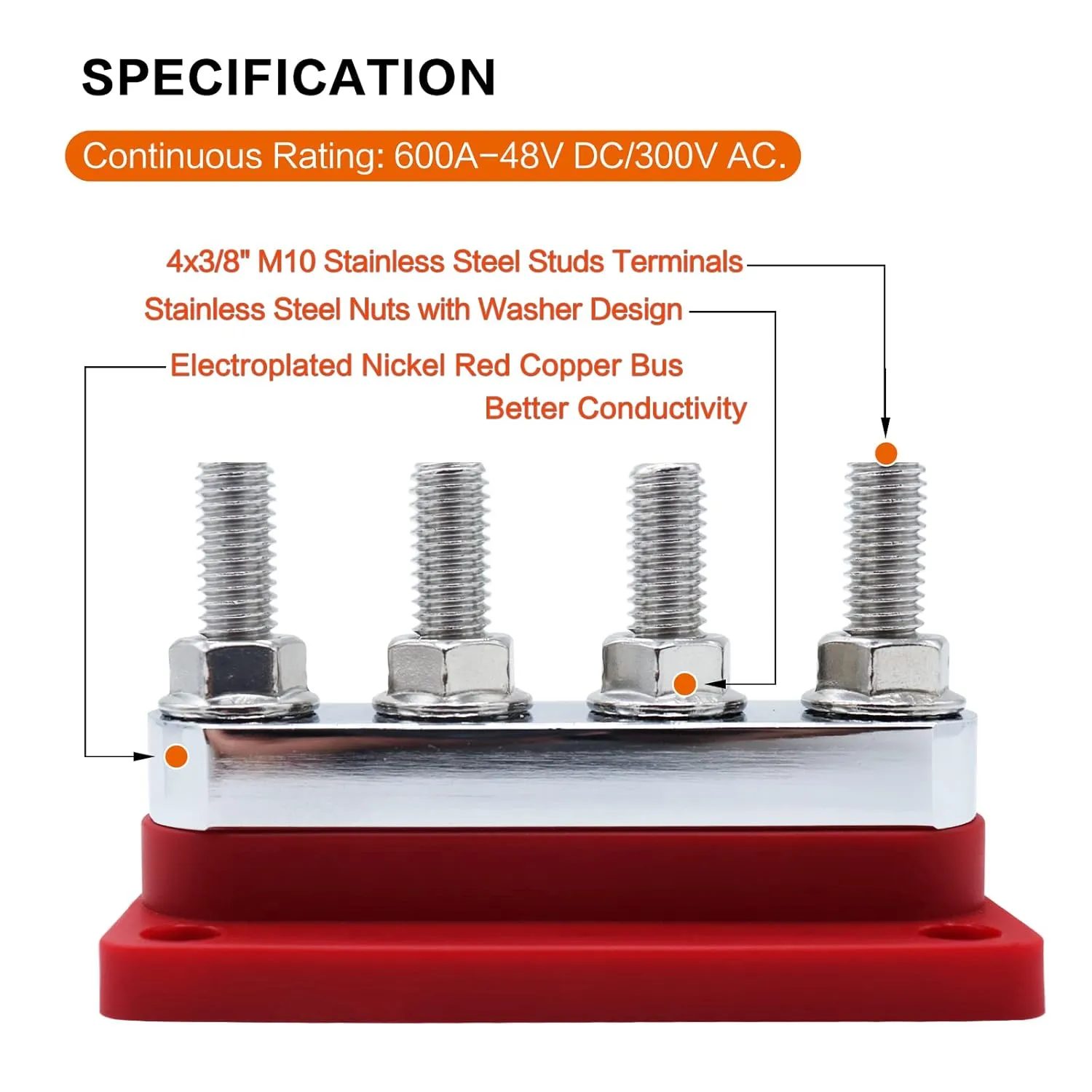 2 pcs 600A High Current Bus Bar with 4 Studs (3/8 inch) M10 Nickel Plated Copper Distribution Block Ideal for Electrical Battery Ground Buss Bar Connections with Cover 300 V AC/12-48 V DC