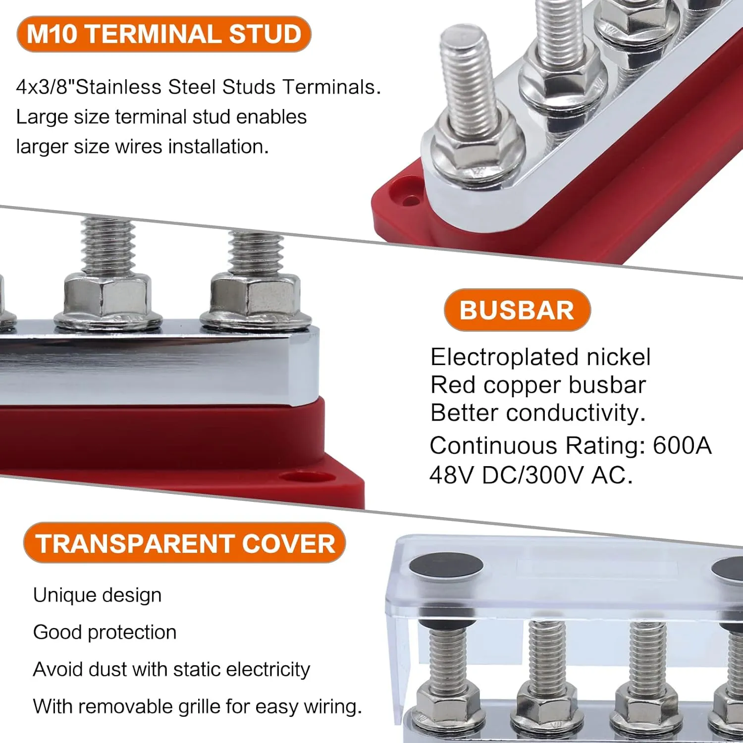 2 pcs 600A High Current Bus Bar with 4 Studs (3/8 inch) M10 Nickel Plated Copper Distribution Block Ideal for Electrical Battery Ground Buss Bar Connections with Cover 300 V AC/12-48 V DC