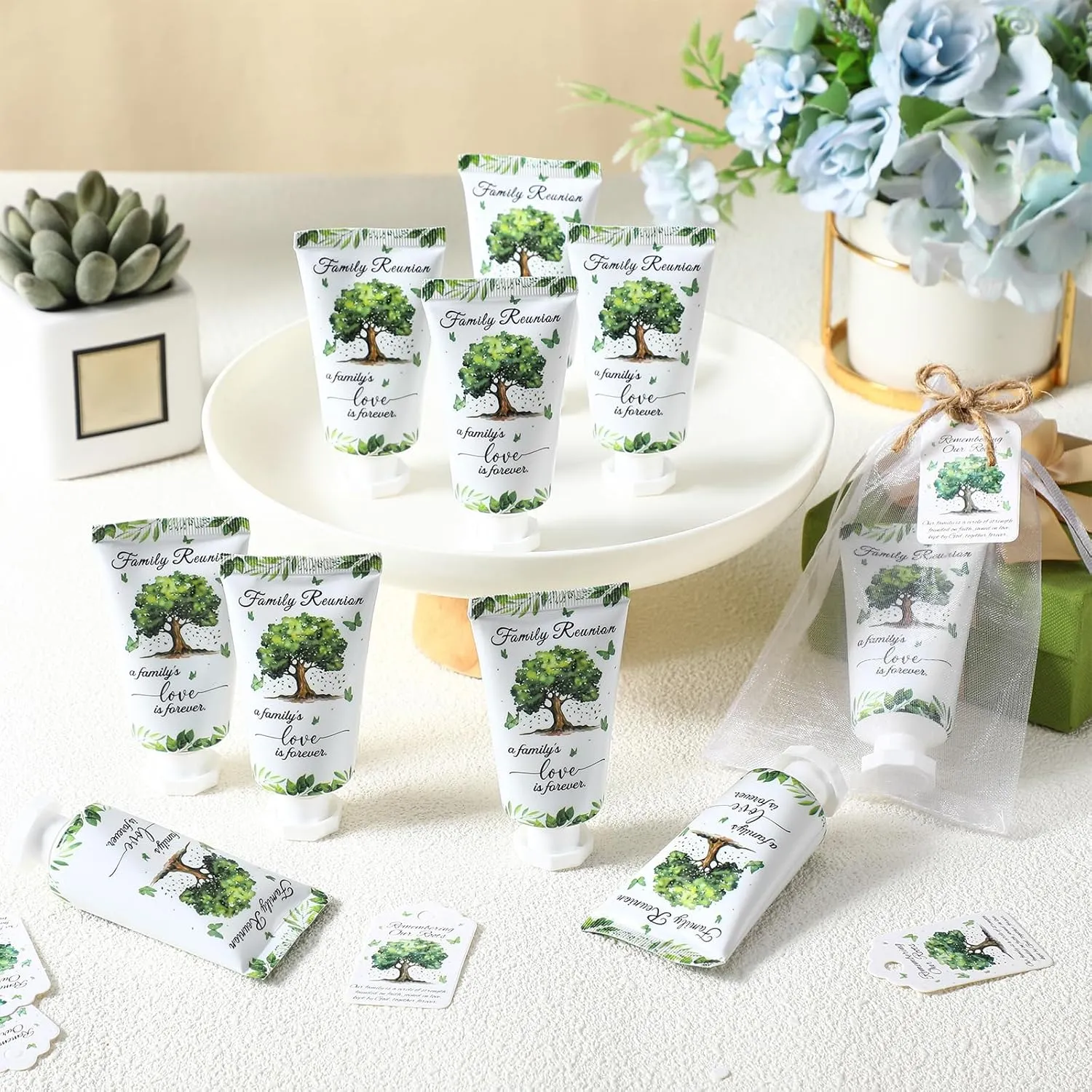 20 Sets Family Reunion Favors Hand Lotion Cream Gifts Bulk Family Reunion Game Decorations with Card Organza Bags for Table Centerpieces Party Decor