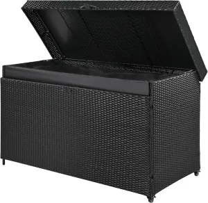 200 Gallon Black Wicker Deck Box with Wheels - All-Weather Outdoor Storage for Patio Cushions, Pool Toys, Garden Tools - Rattan Storage Bin with Lockable Lid