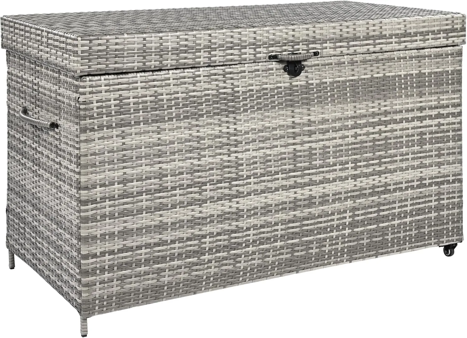 200 Gallon Grey Wicker Deck Box with Wheels - All-Weather Outdoor Storage for Patio Cushions, Pool Toys, Garden Tools - Rattan Storage Bin with Lockable Lid