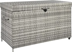 200 Gallon Grey Wicker Deck Box with Wheels - All-Weather Outdoor Storage for Patio Cushions, Pool Toys, Garden Tools - Rattan Storage Bin with Lockable Lid
