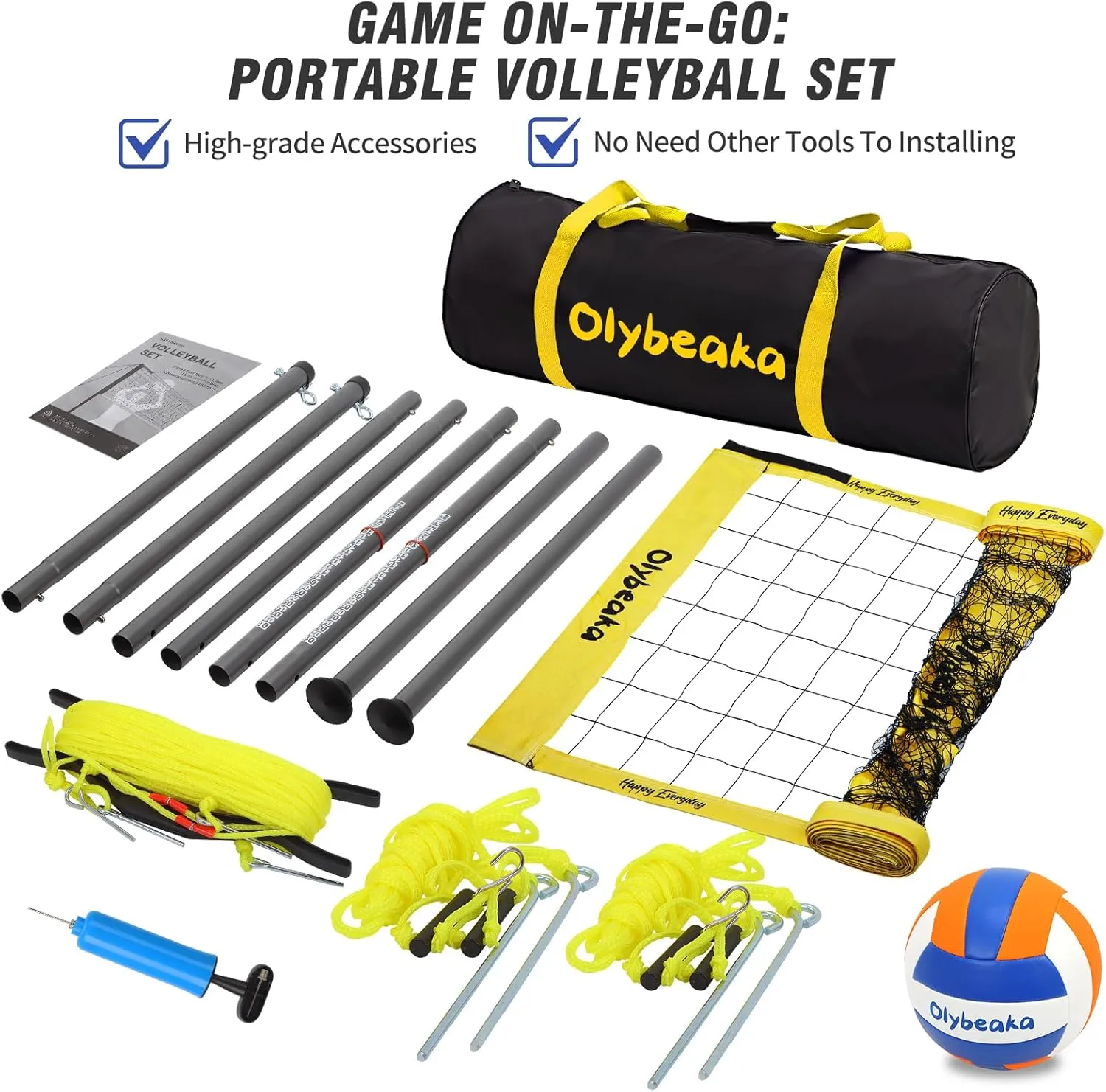 20ft Portable Volleyball Net Set for Backyard Beach, Outdoor Height Adjustable Volleyball Net System with Heavy Duty Poles, Durable Net, PU Volleyball & Pump, Carry Bag