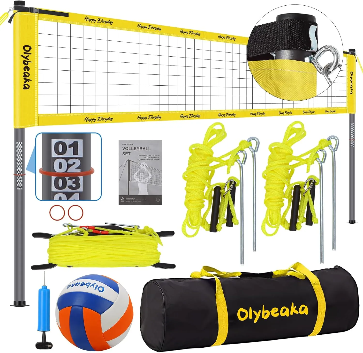 20ft Portable Volleyball Net Set for Backyard Beach, Outdoor Height Adjustable Volleyball Net System with Heavy Duty Poles, Durable Net, PU Volleyball & Pump, Carry Bag