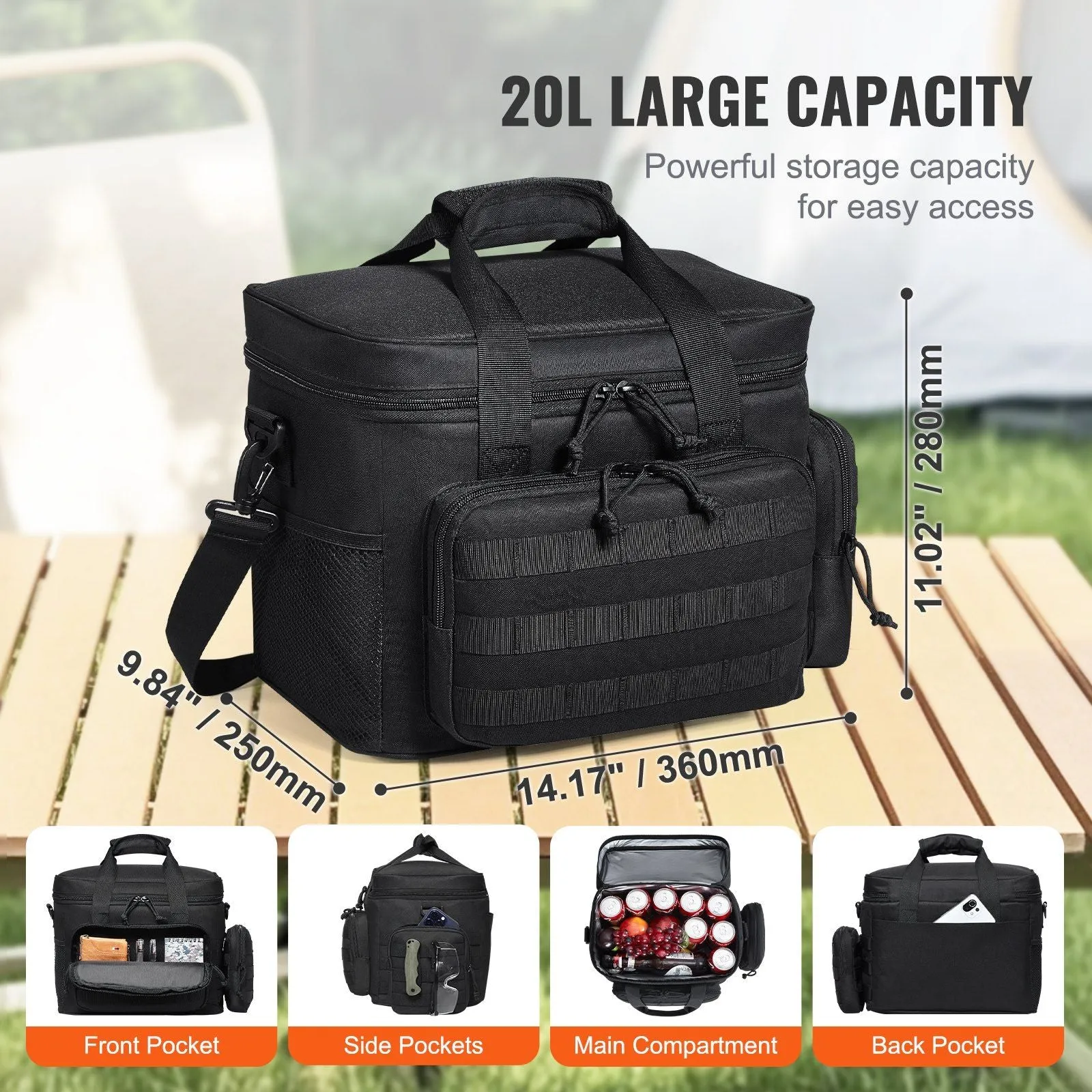 20L Insulated Lunch Bag with Molle Design and Multi-Pocket, 600D Cooler Lunch Box with Removable Storage Bags