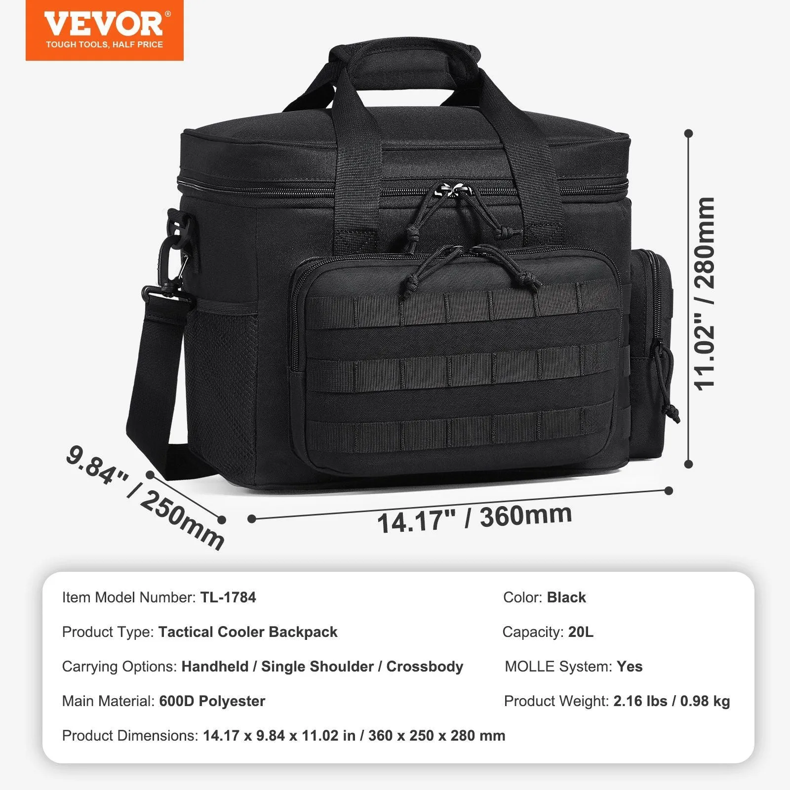 20L Insulated Lunch Bag with Molle Design and Multi-Pocket, 600D Cooler Lunch Box with Removable Storage Bags