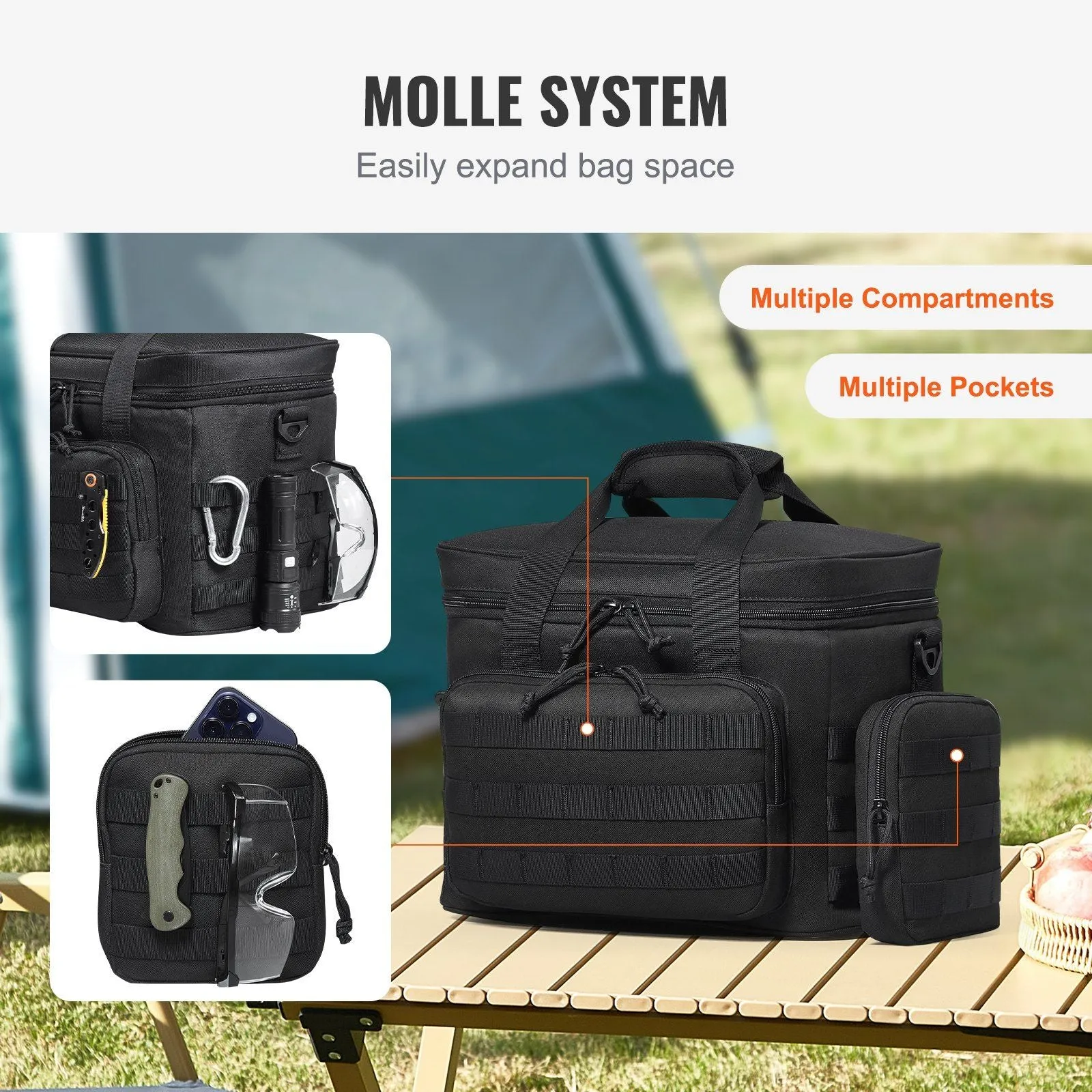 20L Insulated Lunch Bag with Molle Design and Multi-Pocket, 600D Cooler Lunch Box with Removable Storage Bags