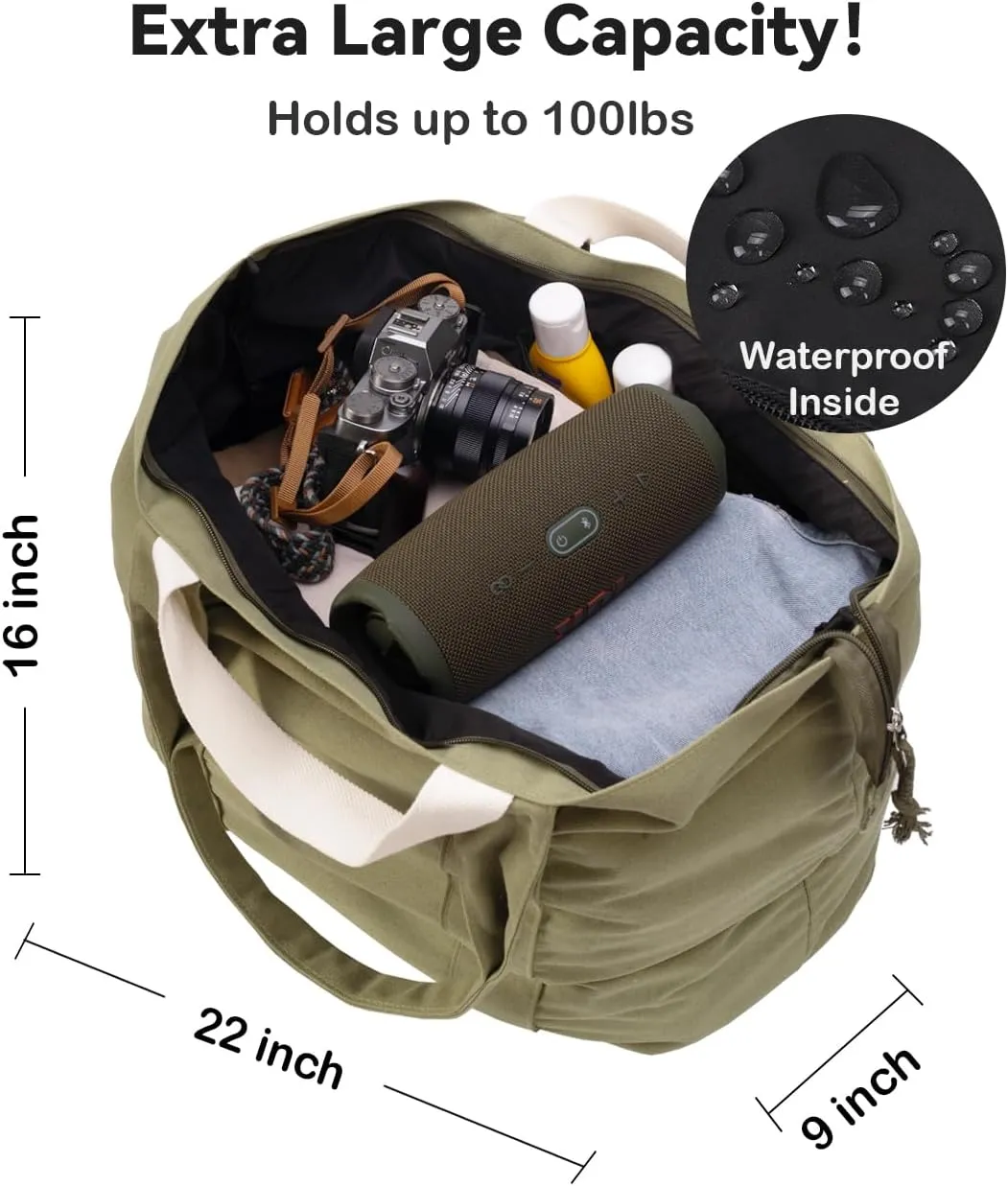 22'' 50L Large Canvas Bag, Extra Large Tote Bag for Women, Overnight Bags for Travel