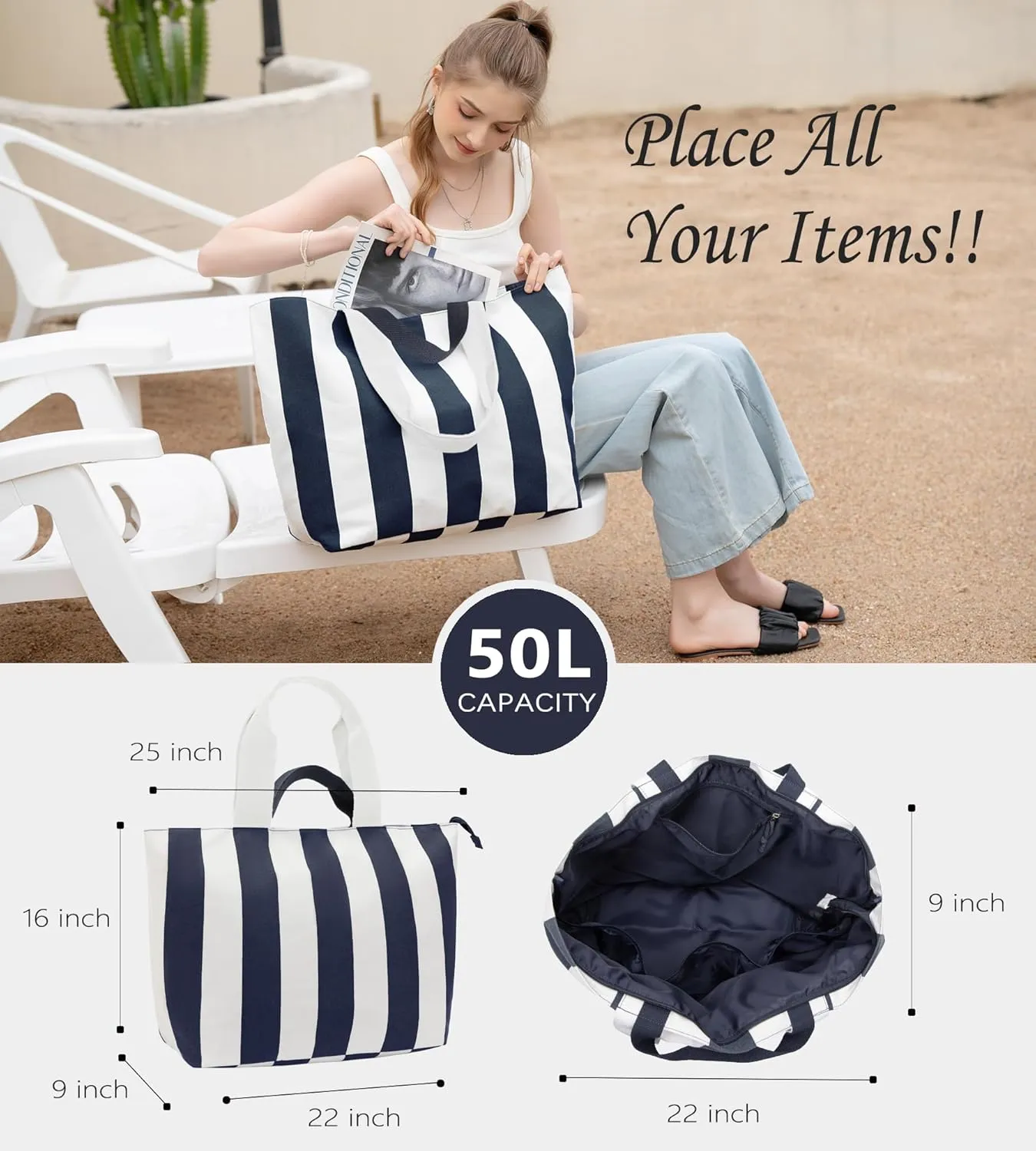 22'' 50L Large Canvas Bag, Extra Large Tote Bag for Women, Overnight Bags for Travel