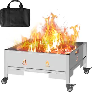 22 Inch Fire Pit with Wheels, Wood Burning Fire Pit for Outside with Waterproof Carry Bag, Heavy Duty Portable Outdoor Backyard Stainless Steel Firepit for Patio Bonfire Picnic BBQ Party Camping Beach