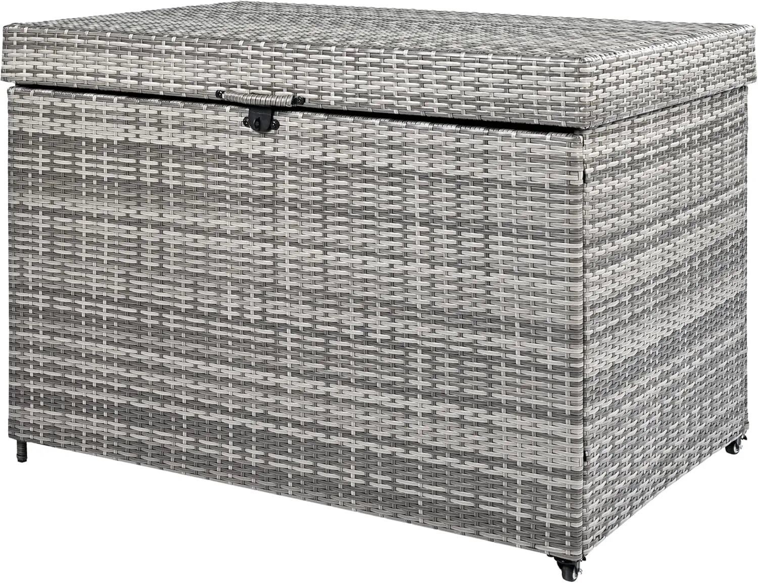 230 Gallon Grey Wicker Deck Box with Wheels - All-Weather Outdoor Storage for Patio Furniture Cushions, Pool Toys, Garden Tools - Rattan Storage Bin with Lockable Lid