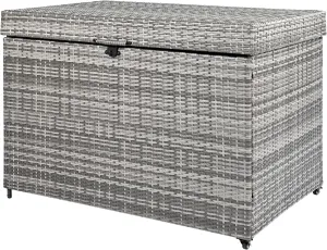 230 Gallon Grey Wicker Deck Box with Wheels - All-Weather Outdoor Storage for Patio Furniture Cushions, Pool Toys, Garden Tools - Rattan Storage Bin with Lockable Lid
