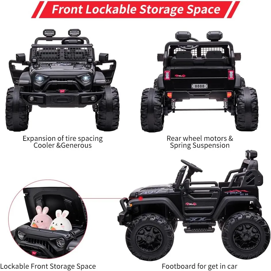 24V Kids Ride on 2 Seaters Electric Car with Remote Control, 2 * 120W Motors Battery Powered 20" Extra Large Seats 15.5" XL Wheels,LED Headlights, Front Storage, Bottle Holder, FM, Music for 3 ,Black