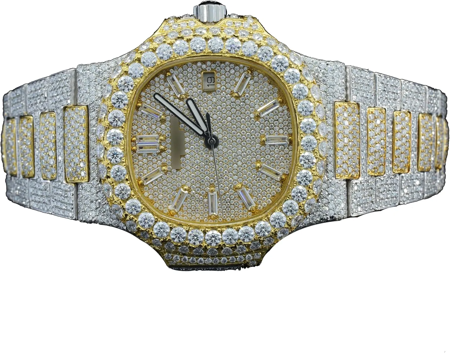 25 Carat Amazing Crafted Moissanite Round Cut Diamond Iced Out Sapphire Crystal Glass Automatic Self Wind Wrist Watch for Men