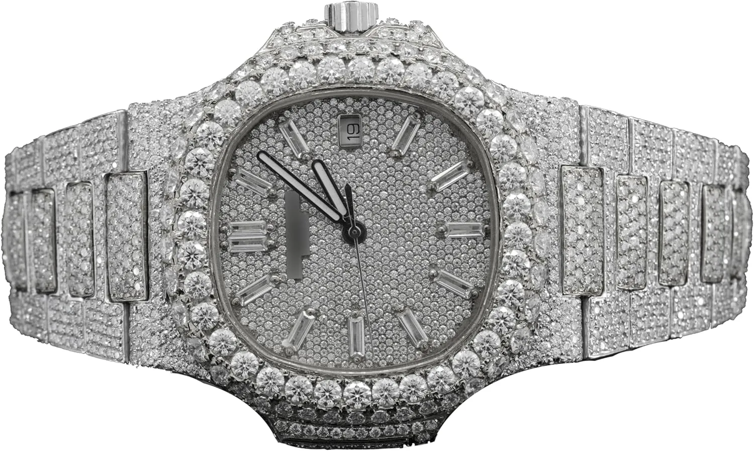 25 Carat Amazing Crafted Moissanite Round Cut Diamond Iced Out Sapphire Crystal Glass Automatic Self Wind Wrist Watch for Men