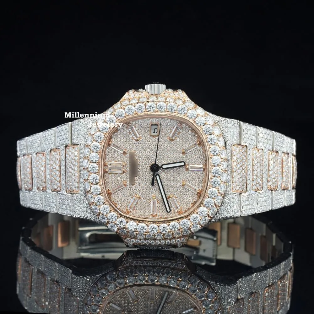 25 Carat Amazing Crafted Moissanite Round Cut Diamond Iced Out Sapphire Crystal Glass Automatic Self Wind Wrist Watch for Men