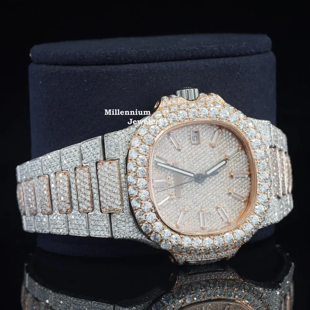 25 Carat Amazing Crafted Moissanite Round Cut Diamond Iced Out Sapphire Crystal Glass Automatic Self Wind Wrist Watch for Men