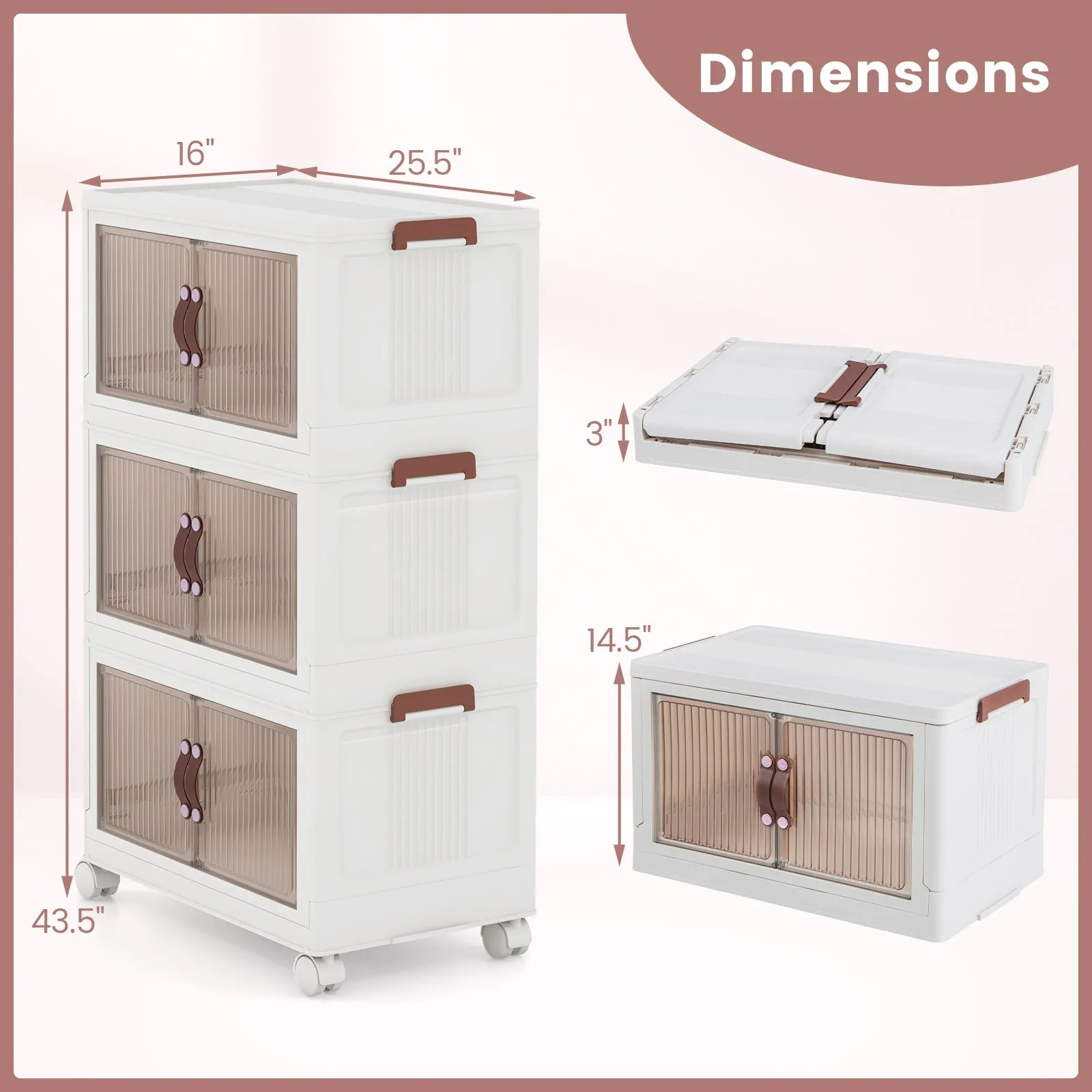 25.5/60 Gal 3-Tier Stackable Storage Boxes Bins with Magnetic Doors and Lockable Casters-M