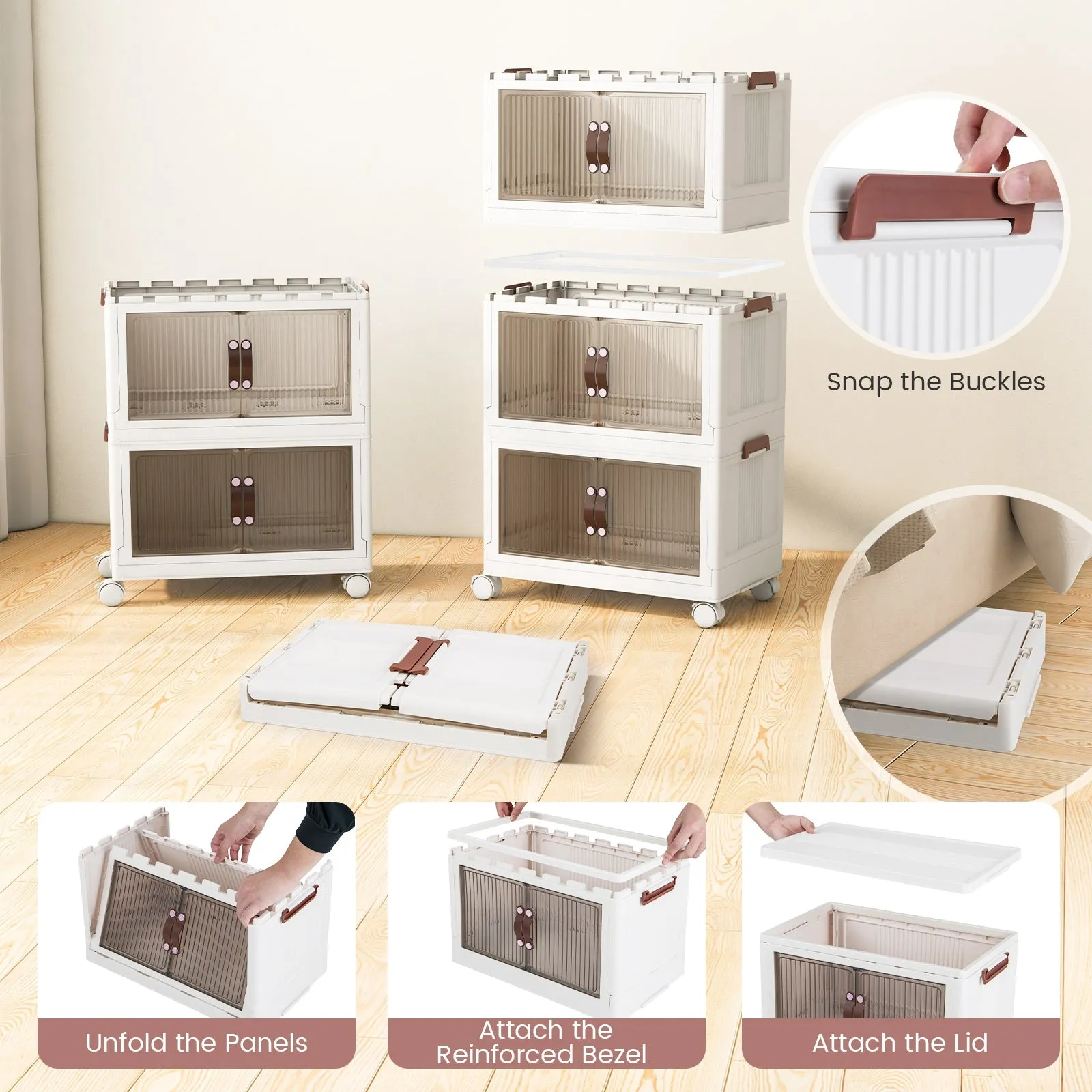 25.5/60 Gal 3-Tier Stackable Storage Boxes Bins with Magnetic Doors and Lockable Casters-S