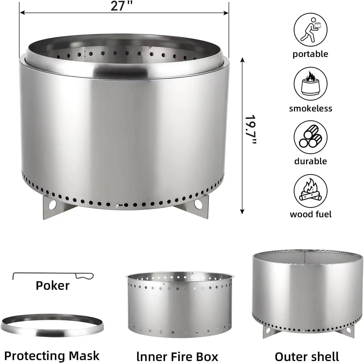 27 Inch Stainless Steel Smokeless Outdoor Fire Pit, Burning Wood, Particles,Coal, Removable Stand and Ash Pan, Perfect for Bonfire, Camping, Picnic, Family Gatherings for Garden