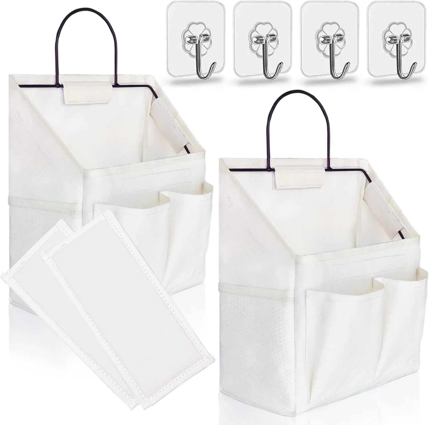 2pcs Small Wall Hanging Organizer Bag, Linen Fabric Door Hanging Storage Basket with Pockets, Waterproof Bin for Kitchen, Bedroom, Office, RV Camper (White)