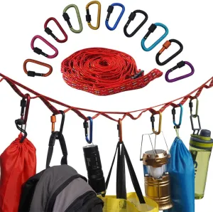 3-Meter Camping Lanyard with 10 Keychain Carabiners, Portable Camping Hanging Rope with Hooks for Camping, Hiking, Outdoor Tent Accessories