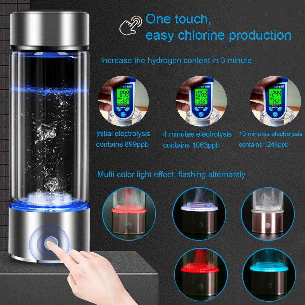 3 Mins Negative Ion Hydrogens-Rich Water Cup Generator Alkaline 450ML Portable USB Charge Electrolytic Generator Lonization Bottle Glass Anti-Aging Health Care Cup